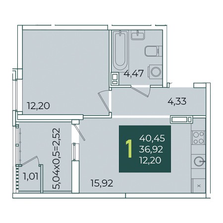 1 комнатная 40.45м²