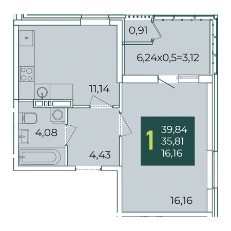 1 комнатная 39.84м²