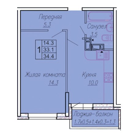 1 комнатная 34.4м²