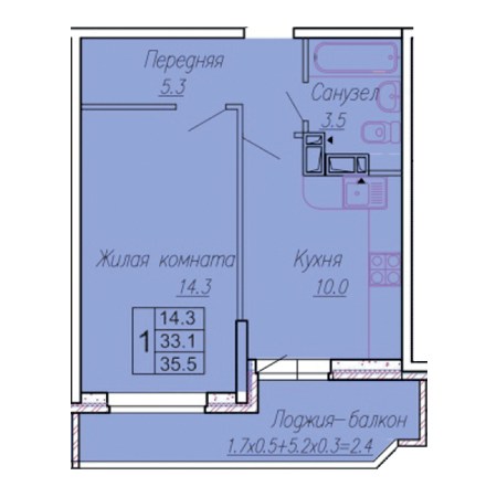 1 комнатная 35.5м²