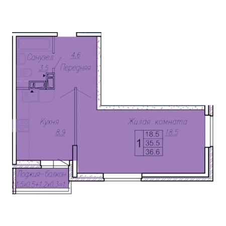 1 комнатная 36.6м²