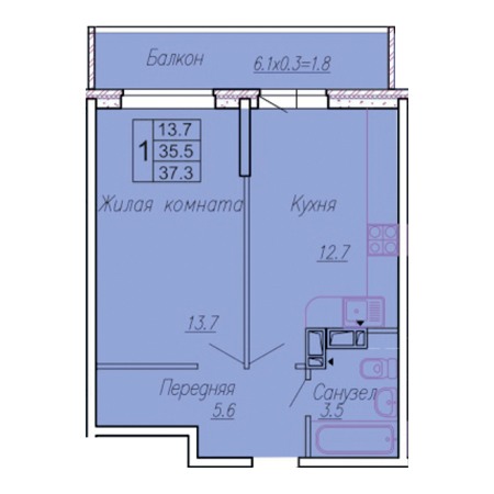 1 комнатная 37.3м²