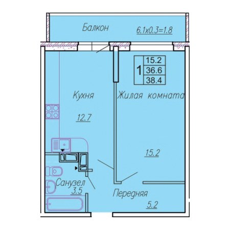 1 комнатная 38.4м²