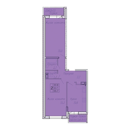 1 комнатная 55.7м²