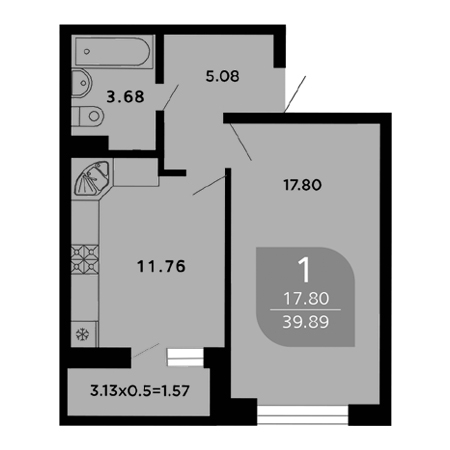 1 комнатная 39.89м²