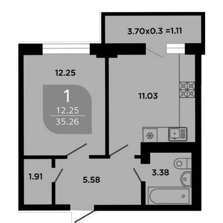 1 комнатная 35.26м²