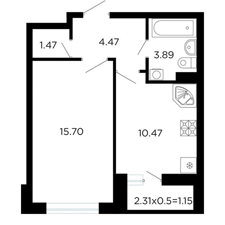 1 комнатная 38.3м²