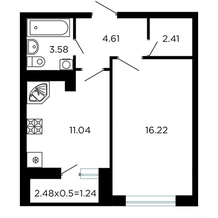 1 комнатная 40.3м²