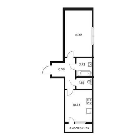 1 комнатная 42.5м²