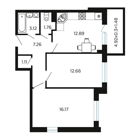 2 комнатная 59.9м²