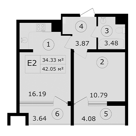 1 комнатная 45.05м²