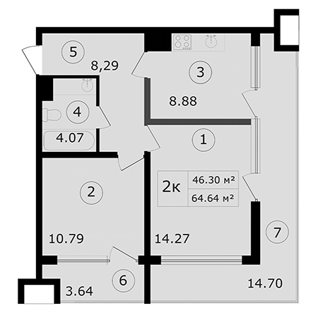 2 комнатная 64.64м²