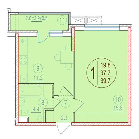 1 комнатная 39.7м²