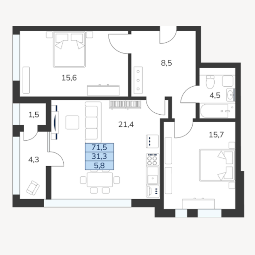 2 комнатная 71.5м²