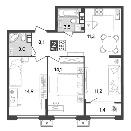 2 комнатная 67.5м²