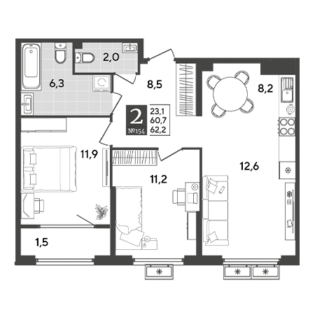 2 комнатная 62.2м²