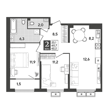 2 комнатная 62.2м²