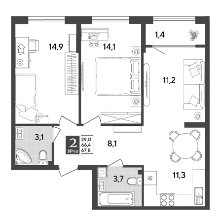 2 комнатная 67.8м²