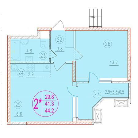 1 комнатная 44.2м²