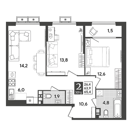 2 комнатная 65.4м²