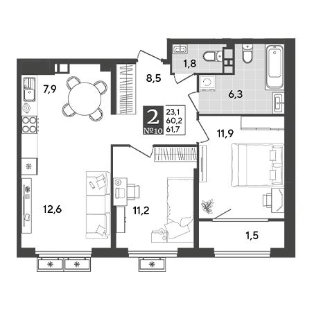 2 комнатная 61.7м²