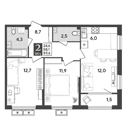 2 комнатная 59.6м²