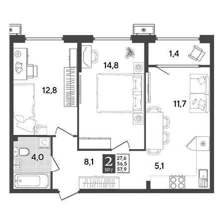 2 комнатная 57.9м²