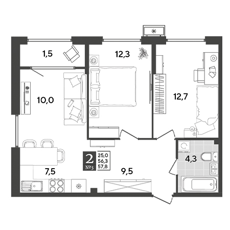 2 комнатная 57.8м²