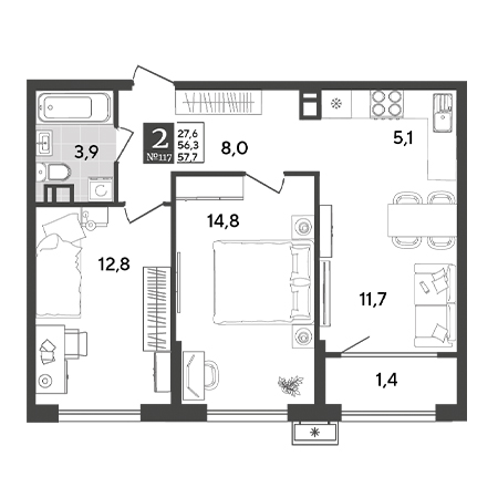 2 комнатная 57.7м²