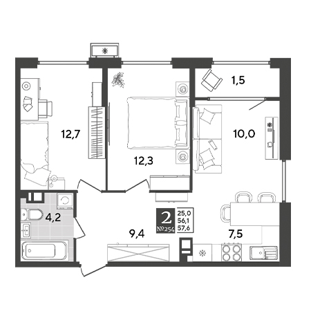 2 комнатная 57.6м²