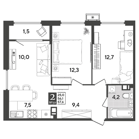 2 комнатная 57.6м²