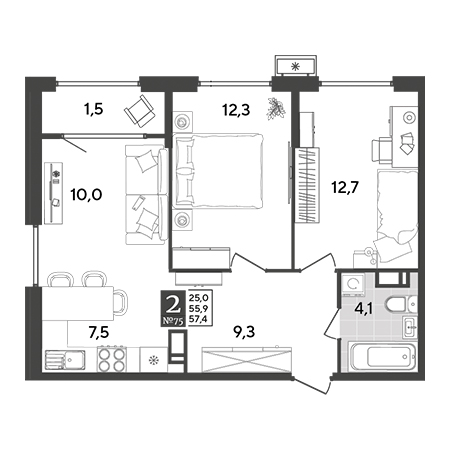 2 комнатная 57.4м²