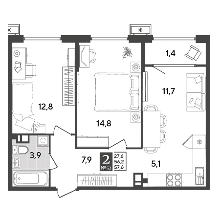 2 комнатная 57.6м²