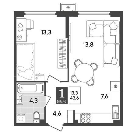 1 комнатная 43.6м²