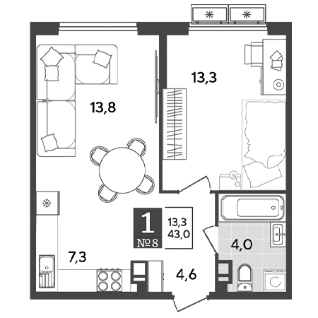 1 комнатная 43м²