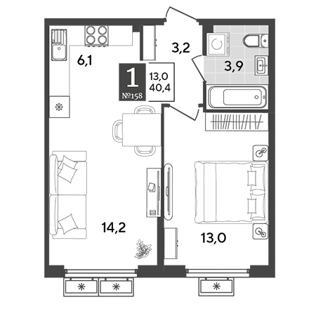 1 комнатная 40.4м²