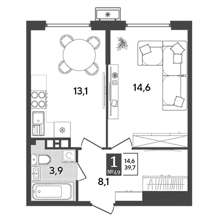 1 комнатная 39.7м²