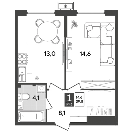 1 комнатная 39.8м²