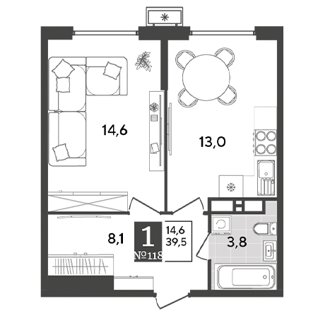 1 комнатная 39.5м²