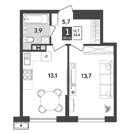 1 комнатная 36.4м²