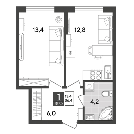 1 комнатная 36.4м²