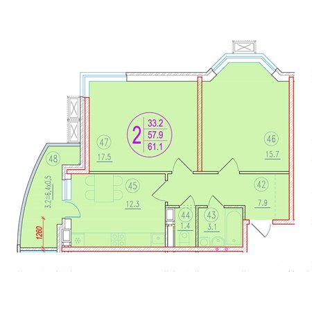 2 комнатная 61.1м²