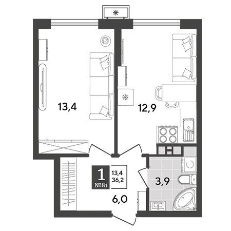 1 комнатная 36.2м²