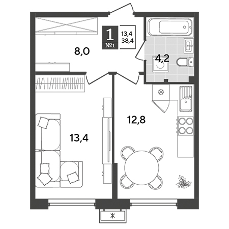 1 комнатная 38.4м²