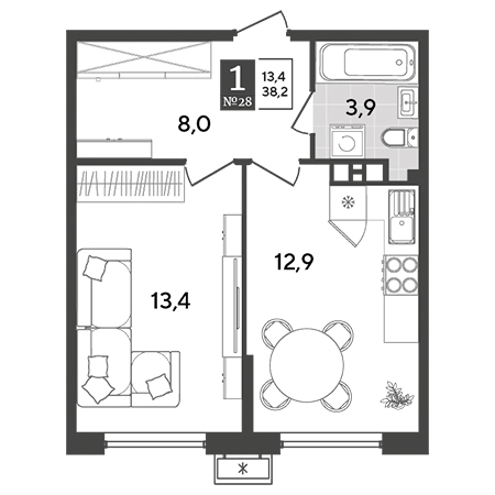 1 комнатная 38.2м²