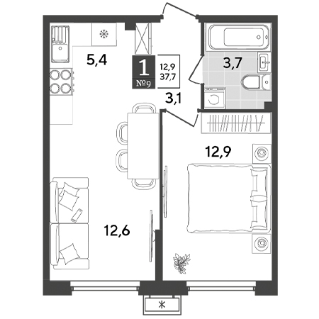 1 комнатная 37.7м²