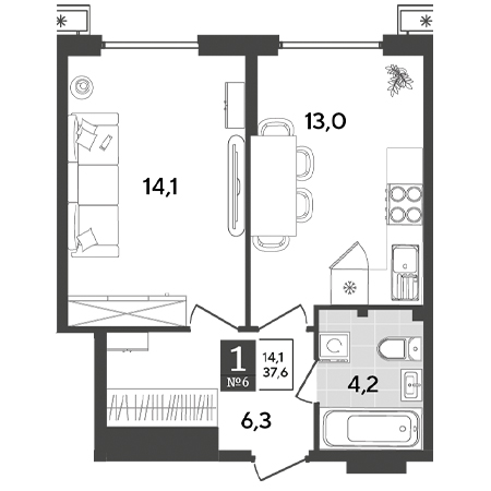 1 комнатная 37.6м²