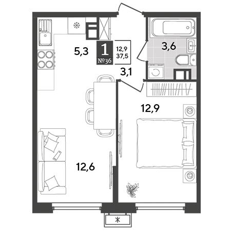 1 комнатная 37.5м²