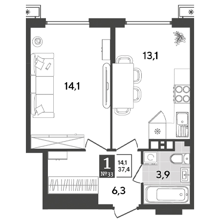 1 комнатная 37.4м²