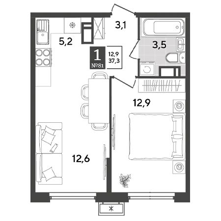 1 комнатная 37.3м²